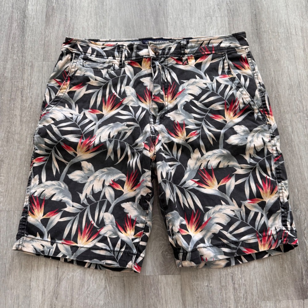 American Eagle Mens Active Flex Tropical Bird of Paradise Chino Shorts Black 32